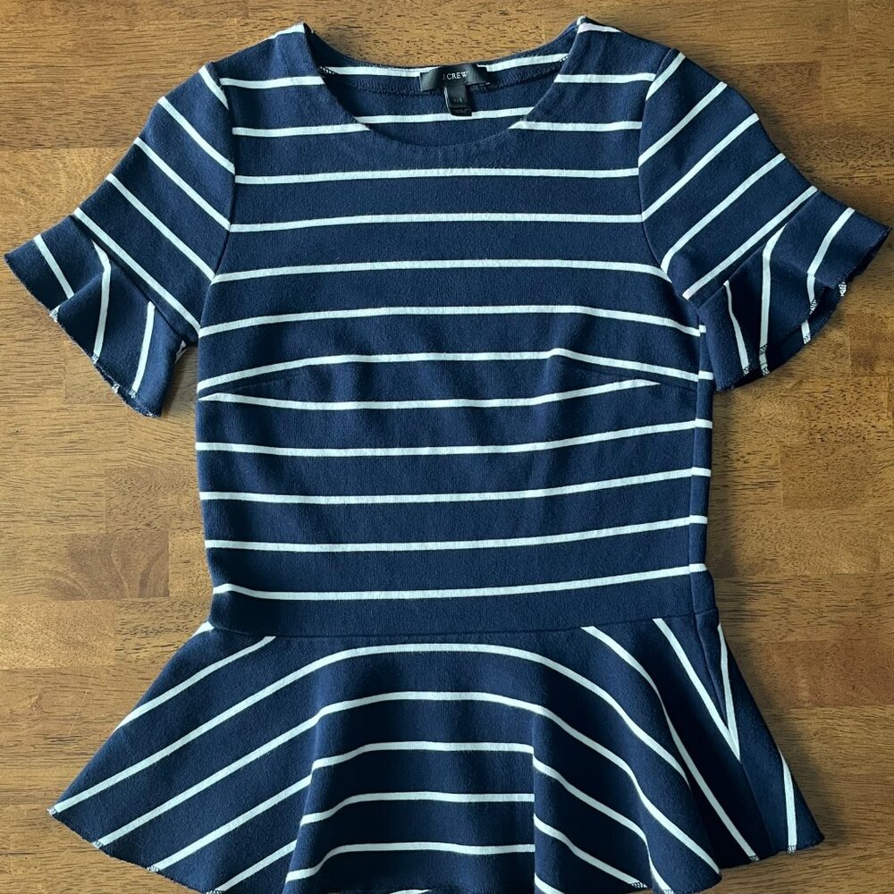 J Crew Women's Cotton Short Sleeve Striped Peplum Blouse Blue Size XXS